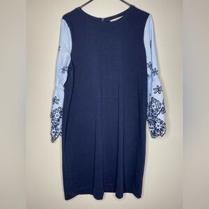 NWT Loft navy blue dress with striped bell sleeves embroidered size medium